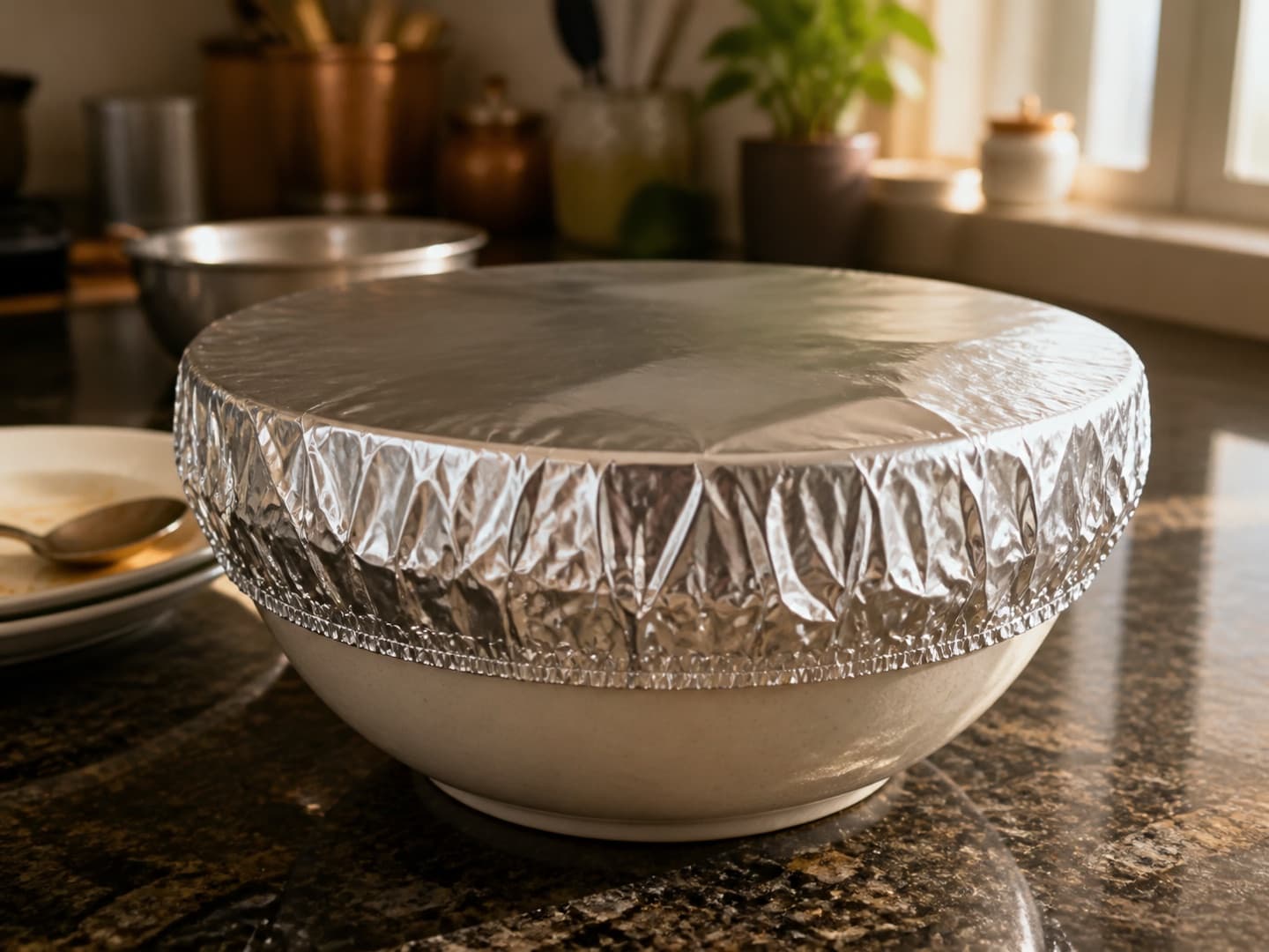 Elastic-rim foil food cover fitted tightly around a warm serving bowl