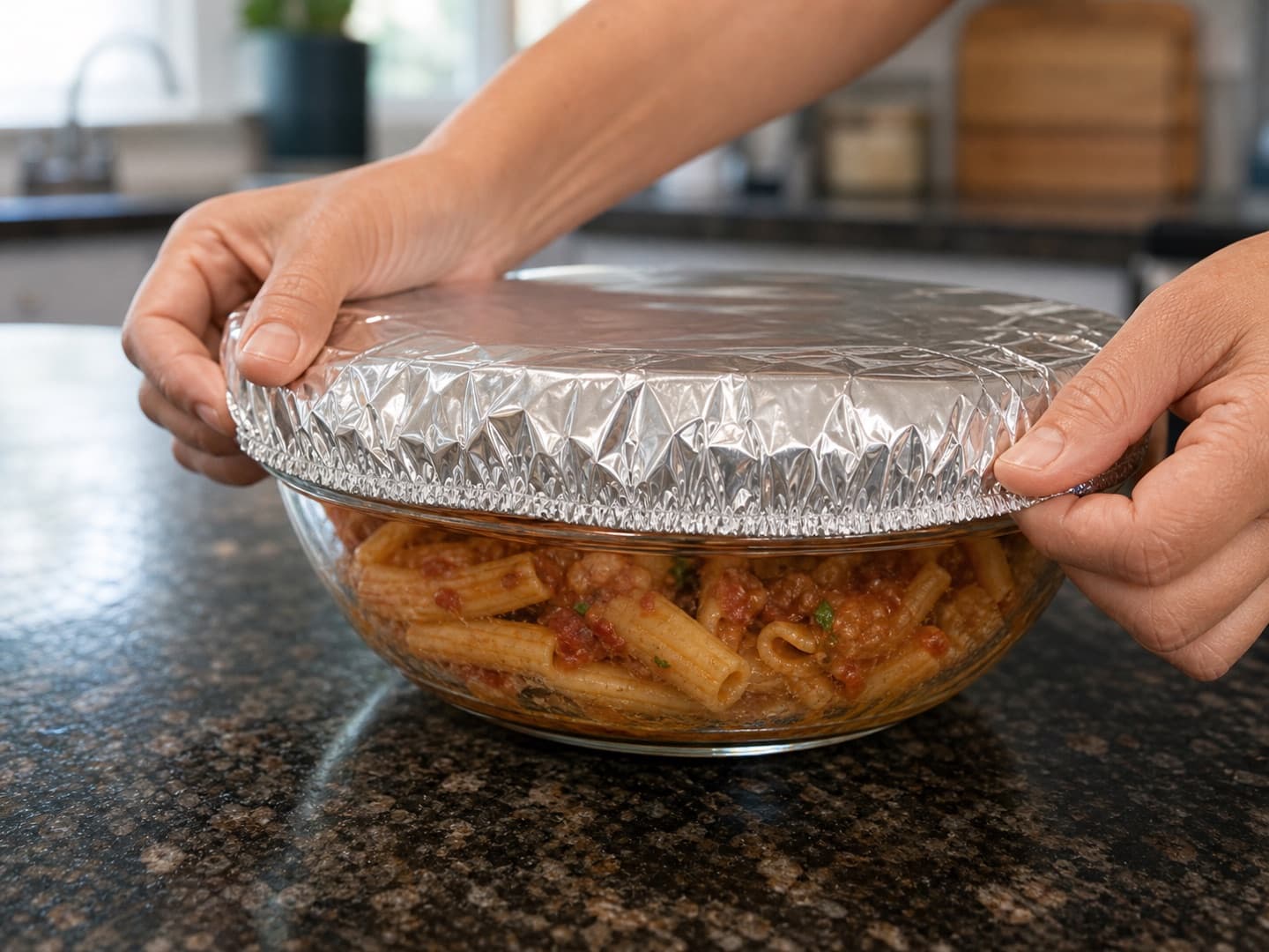 Hands stretching the elastic rim of a foil food cover around a glass bowl of leftovers