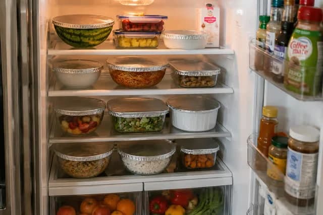 Real refrigerator shelf filled with bowls and containers sealed by foil covers
