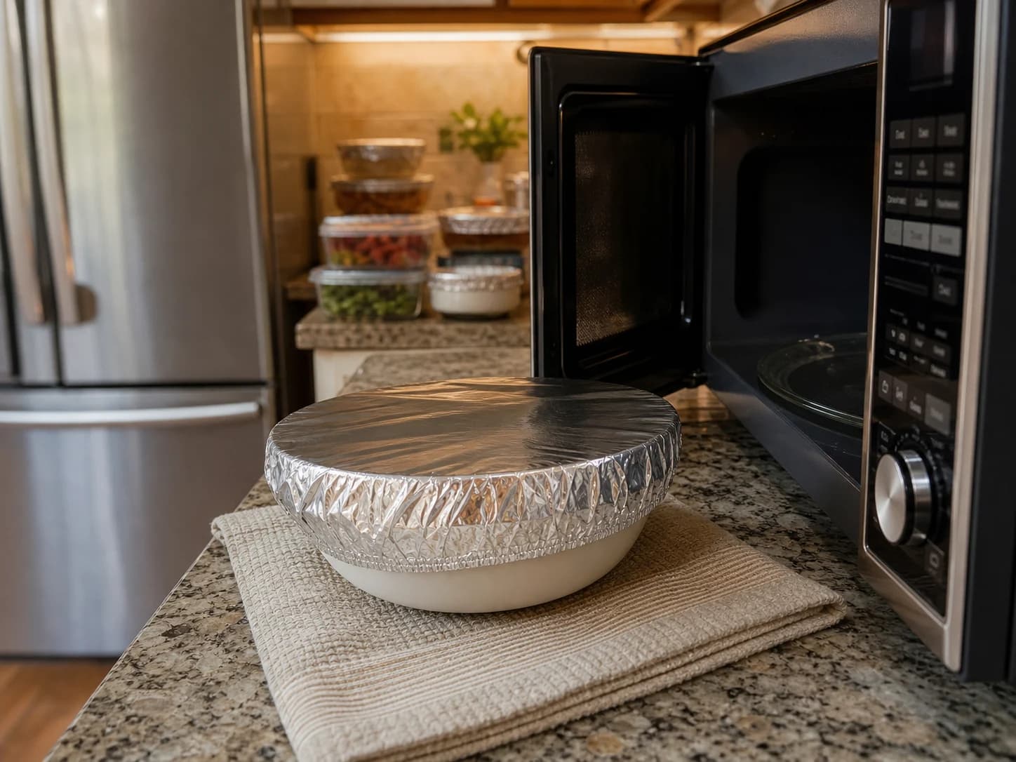 FoilCover placed on a bowl after reheating near a microwave