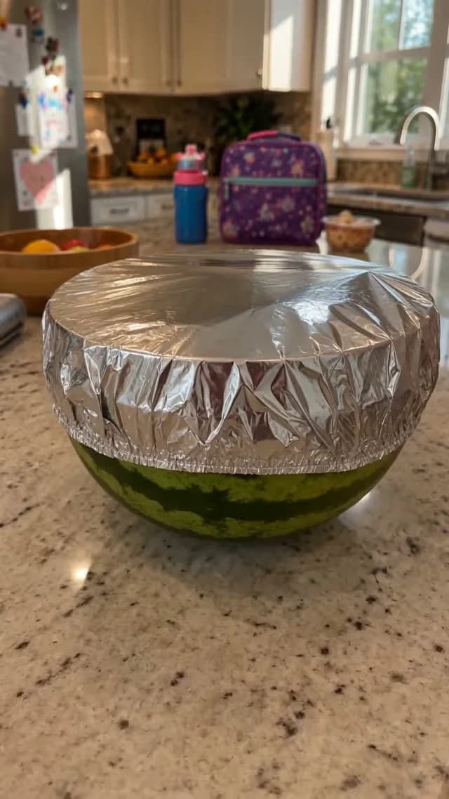 Real flexible foil food cover stretched over a half watermelon